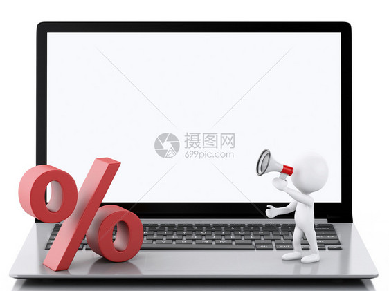 3d插图白种人销售公告在笔记本电脑上用扩音器网购物概念图片