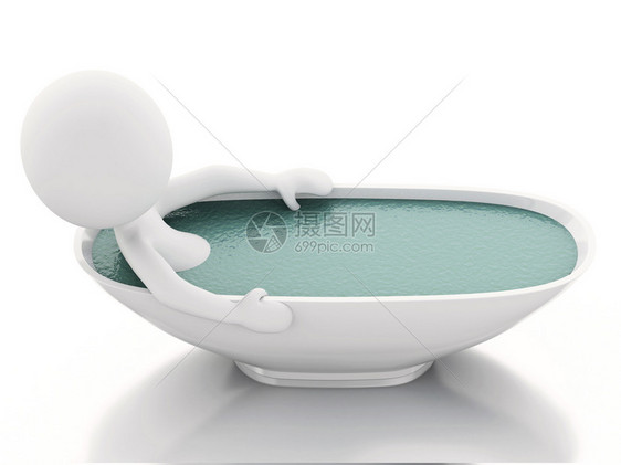 3d插图白人在洗澡时放松孤立的白人背景图片