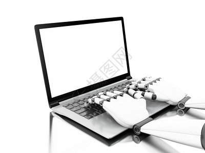 3d插图机器人手用空白屏的笔记本电脑打字技术概念孤立的白色背景图片