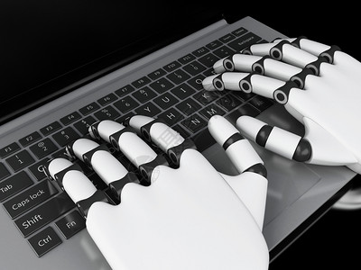 3d说明机器人手在笔记本键盘上打字技术概念图片