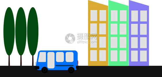 城市风景街道上的蓝色客车平面图象图片