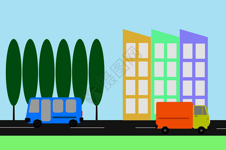 城市公路城市风景蓝色客车和卡在城市街道上插画