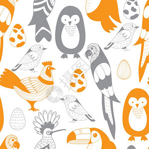 土母鸡鸟儿和鸡蛋的矢量无缝模式鹦鹉土瓜霍波伊公鸡企鹅麻雀扫描鸟类风格插画