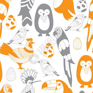 鸟儿和鸡蛋的矢量无缝模式鹦鹉土瓜霍波伊公鸡企鹅麻雀扫描鸟类风格图片