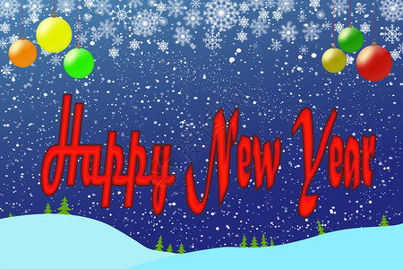 用于新年问候蓝色背景以及圣诞节彩色气球和雪花的蓝色背景模板图片