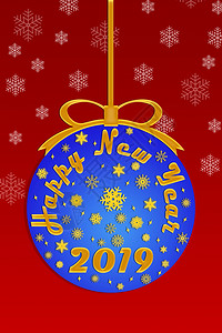 蓝色新年份带有的球问候红背景和雪花图片
