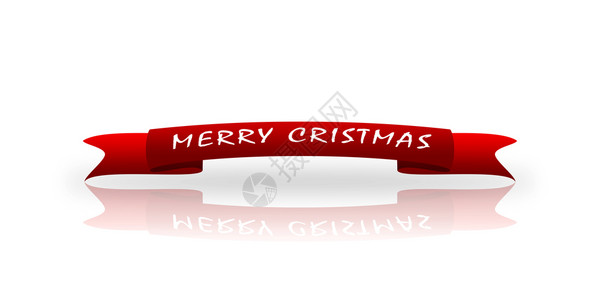 一张红色的贺礼带写在白色字体快乐的圣诞节白色背景反射图片