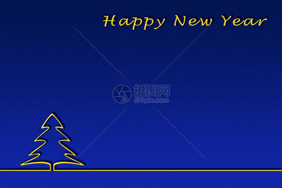 喜庆新年的模板圣诞树的快乐和轮廓的黄金字母蓝色梯度背景图片