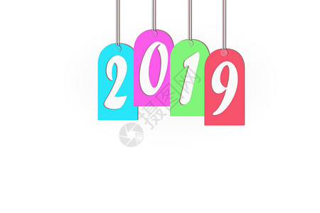多彩色板块绳索上有数字用来设计祝贺新2019年的白色背景图片