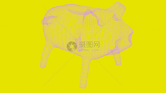 pig银行有线框架聚体网格3d表示黄色背景表示插图图片