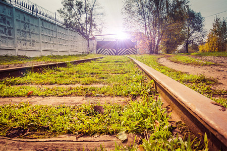 废弃的旧铁路绿色草地夏季时间编辑的颜色和照明弹效应图片