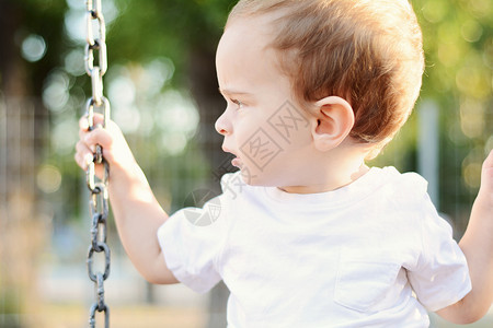 可爱的男孩玩得开心在公园的秋千图片