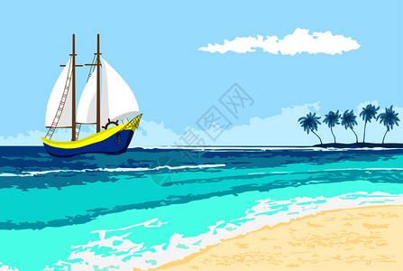 海岸蓝色帆船插画