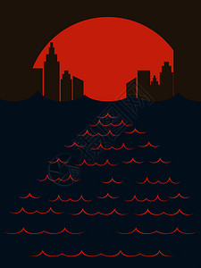日落时的海边城市剪影背景图片