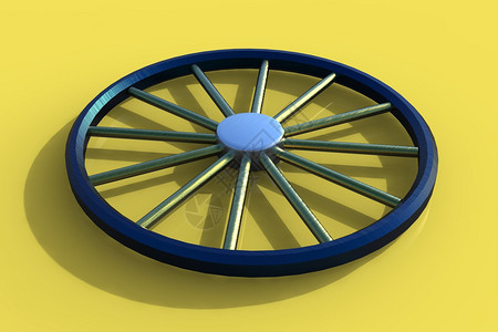 黄色背景上隔离的3d蓝色轮子。3d蓝色轮子图片
