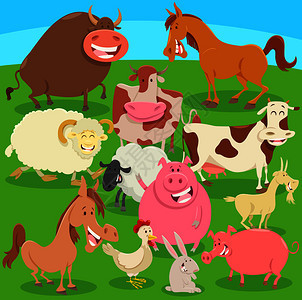 牧场或草地上的农动物人漫画插图图片