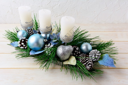 圣诞节背景蓝色装饰品蜡烛持有者圣诞节日装饰蓝色品圣诞节问候背景复制空间图片