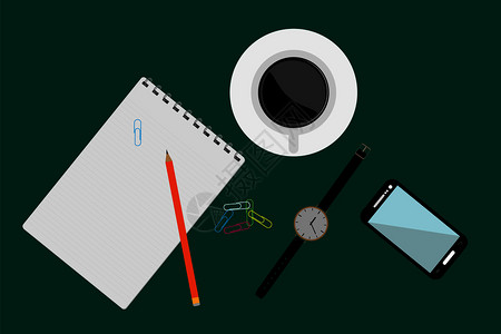 一杯咖啡个钟表智能手机和文具放在单色彩表面一个顶端视图插画