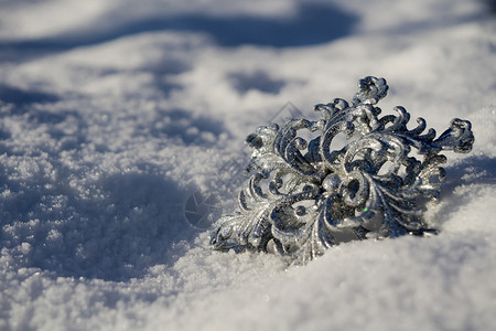 装饰银雪花闪发光亮于新鲜的白雪上图片