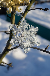 装饰银雪花闪发光亮于新鲜的白雪上图片