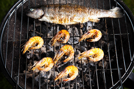 烤鱼和虾户外烧烤图片
