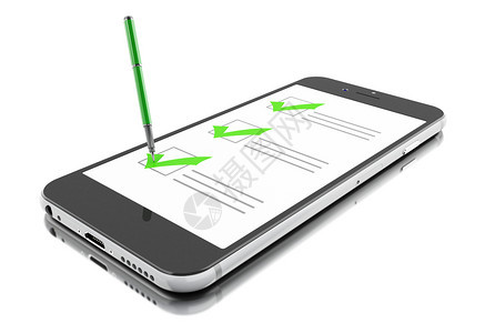 3d插图带有标记和核对清单的智能手机在线问卷孤立的白种背景图片