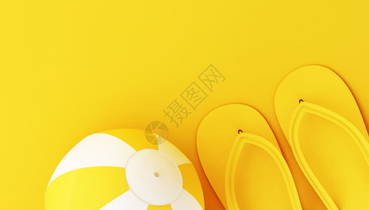 3d示例黄色背景的翻滚和海滩球最小的夏季概念图片