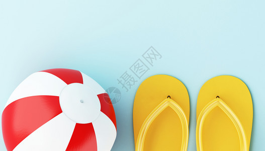 3d插图蓝色背景的翻滚和沙滩球最小的夏季概念图片