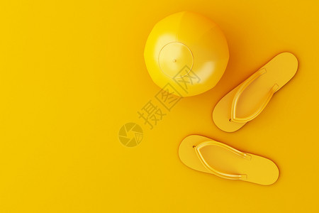 3d示例黄色背景的翻滚和海滩球最小的夏季概念图片