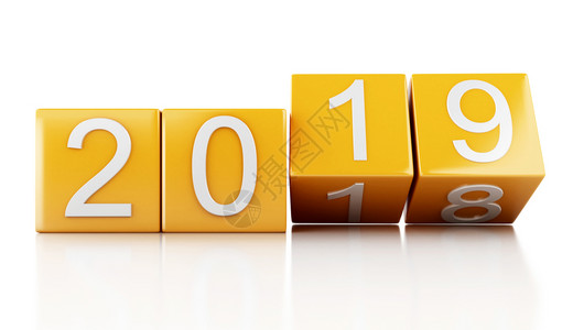 2019日历3d铸造者插图黄色的立方体带有2019新年概念孤立在白色背景上背景