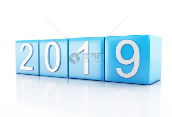 3d铸造者插图蓝色的立方体带有2019新年概念孤立在白色背景上图片