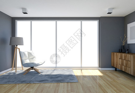 带灰墙和大窗户的当代客厅室内3D图片