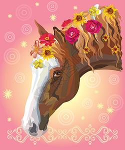 矢量多彩的插图在粉红梯度背景上与粉红色梯度隔绝的花棚不同朵栗子马肖像装饰品和圆圈艺术设计图像图片