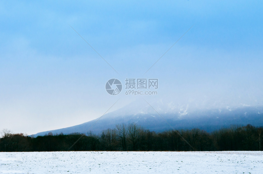 美丽的蓝山叶提在浓雾多云的一天冬景色从日本尼塞科北海道雅潘图片