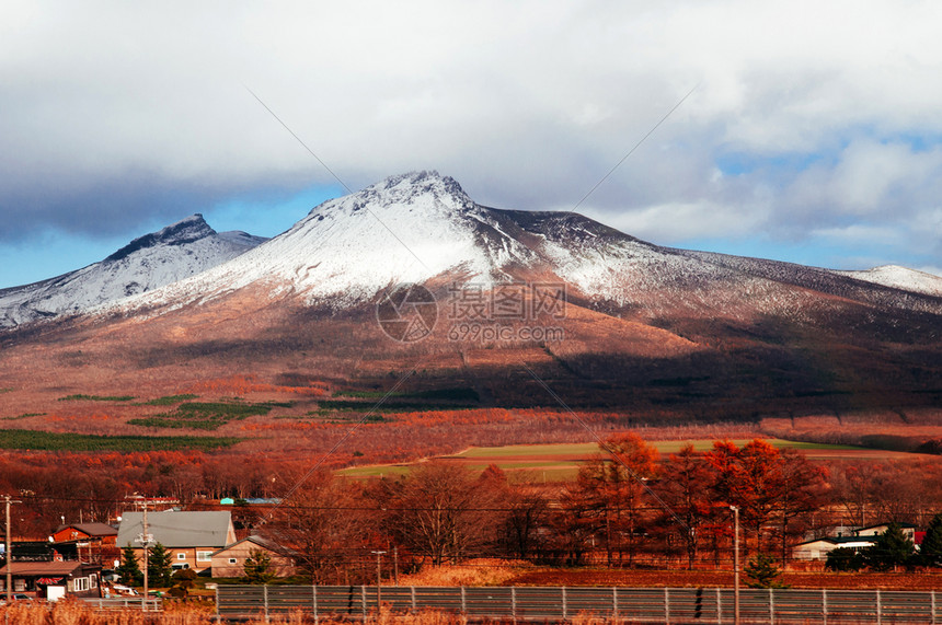 冬季北海道山的科马加塔克与干燥美丽的彩色森林图片