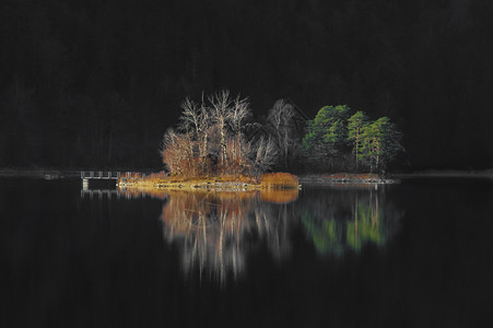 无叶树绿和橙的风景在低光线的伊布西湖上在德国的加米什巴彭基琴附近反射图片