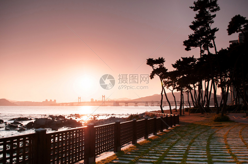 南朝鲜巴桑萨省Haeund区唐拜克岛的日落风对面宽大桥图片