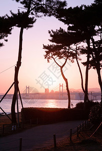 南朝鲜Busand区Heund区Bsn海湾桥对夕阳图片