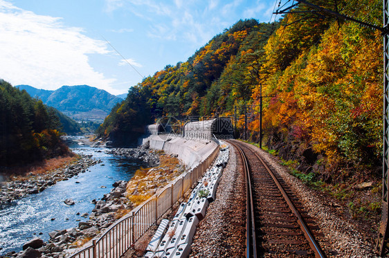 2013年南科雷亚koreact24013ganwod沿溪流和秋季森林baekdugn山脉峡谷baekdugn山脉峡谷的火车轨迹图片