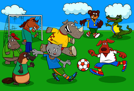 动物足球或运动员与比赛角色的漫画插图图片