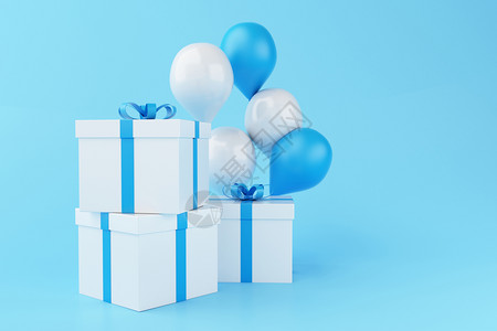 3d说明蓝色背景的气球和礼品盒最低值和生日派对概念图片