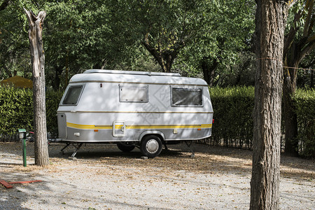 在露营地绿灌丛的小型大篷车图片