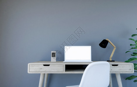 带灰色空墙的当代室内客厅侧和带有膝上型计算机的工作桌3D图片
