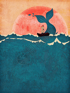 鲸鱼卡通太阳落山时鲸尾鱼在海中的抽象泥土图案最小背景