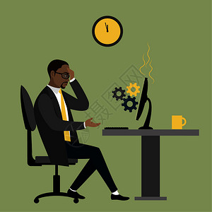 AfricanBusieorficewrk坐在办公桌旁的非洲商人或办公室工商业压力平式现代矢量图图片