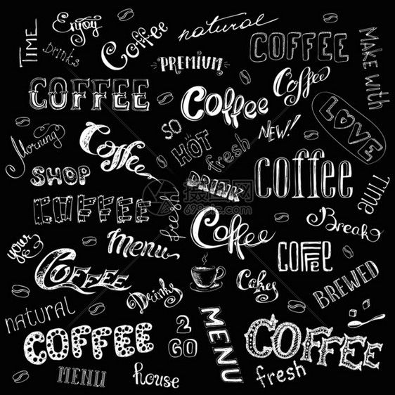 咖啡矢量套装孤立元素手在黑色背景上绘制字母图片