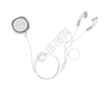 银音乐播放器和白色背景的有线耳机图片