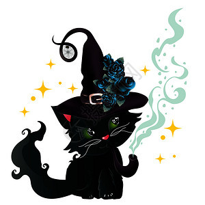 可爱的黑小猫绿眼睛戴帽子蓝玫瑰图片