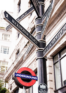 201年伦敦市地下标志和有旧建筑背景的街道标志图片