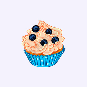 素菜夹馍卡通风格纸杯蛋糕在蓝持有者上夹奶油和蓝莓的纸杯白背景上